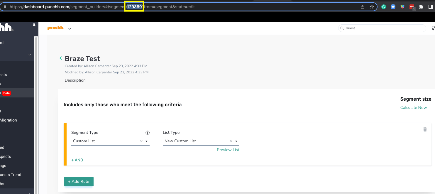 Punchh-Dashboard für benutzerdefinierte Segmente mit der Custom-Segment-ID in der URL.