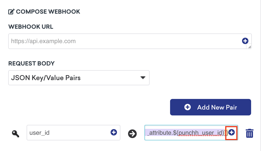 Braze-Webhook-Payload-Feld mit eingefügter Punchh-Nutzer:innen-ID als Liquid-Variable.