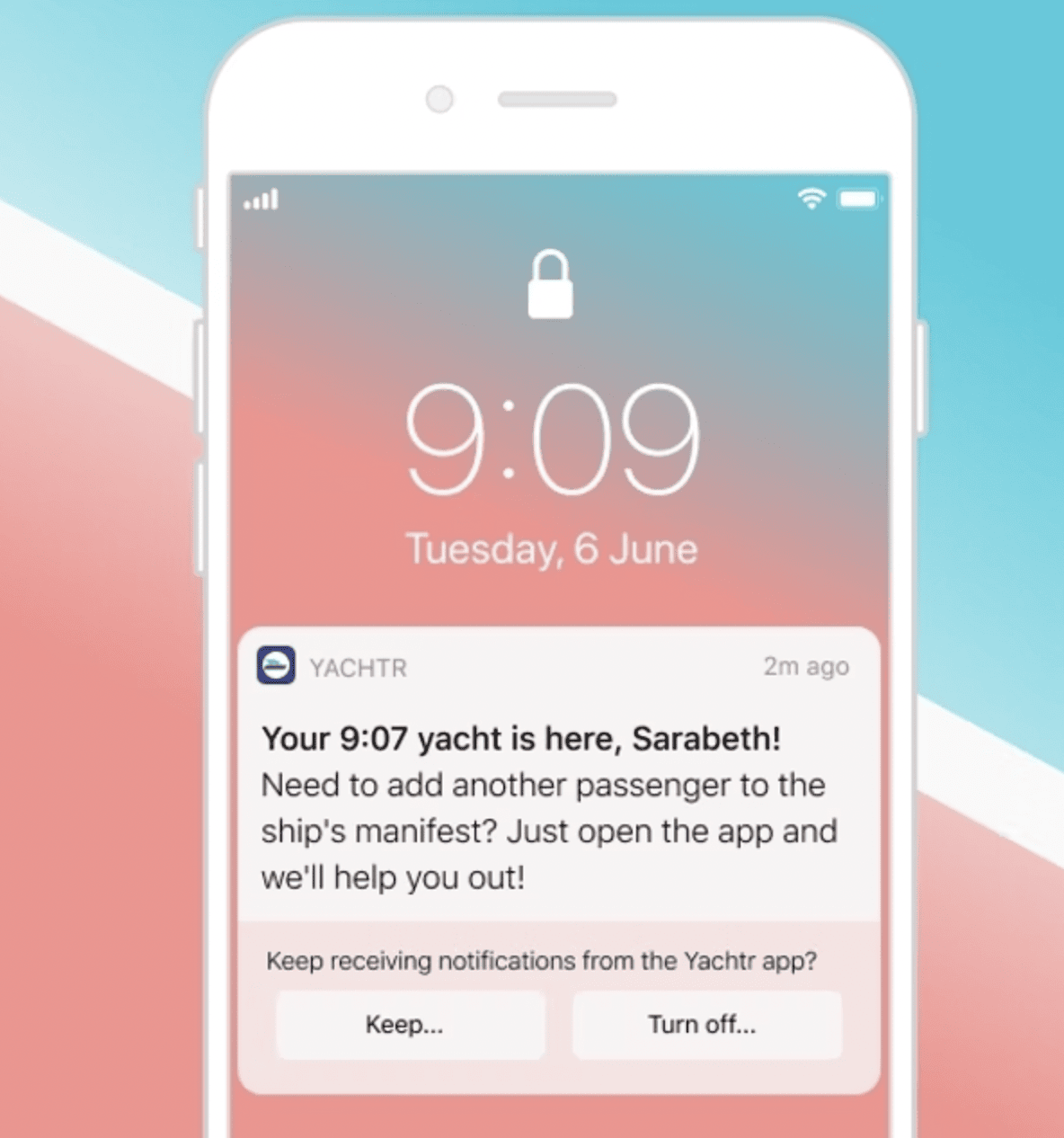 Eine Benachrichtigung im System-Benachrichtigungscenter mit einer Nachricht am unteren Rand, die fragt: „Keep receiving notifications from the Yachtr app?“ mit zwei Buttons „Keep“ und „Turn Off“