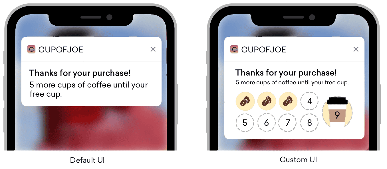 Zwei nebeneinander angezeigte Push-Nachrichten. Die Nachricht auf der linken Seite zeigt, wie ein Push mit der Standard-Benutzeroberfläche aussieht. Die Nachricht auf der rechten Seite zeigt einen Kaffee-Stempelkarten-Push, der durch die Implementierung einer angepassten Push-UI erstellt wurde.