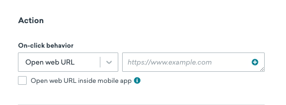 Feld „Klickverhalten“ bei der Konfiguration einer Push-Benachrichtigung, eingestellt auf „Open web URL“ mit deaktiviertem „Open web URL inside mobile app“.