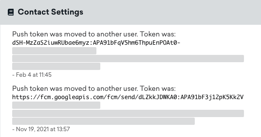 Push-Token-Änderungsprotokoll im Tab „Engagement“ eines Nutzerprofils, das zeigt, wann das Push-Token zu anderen Nutzer:innen verschoben wurde und um welches Token es sich handelt.