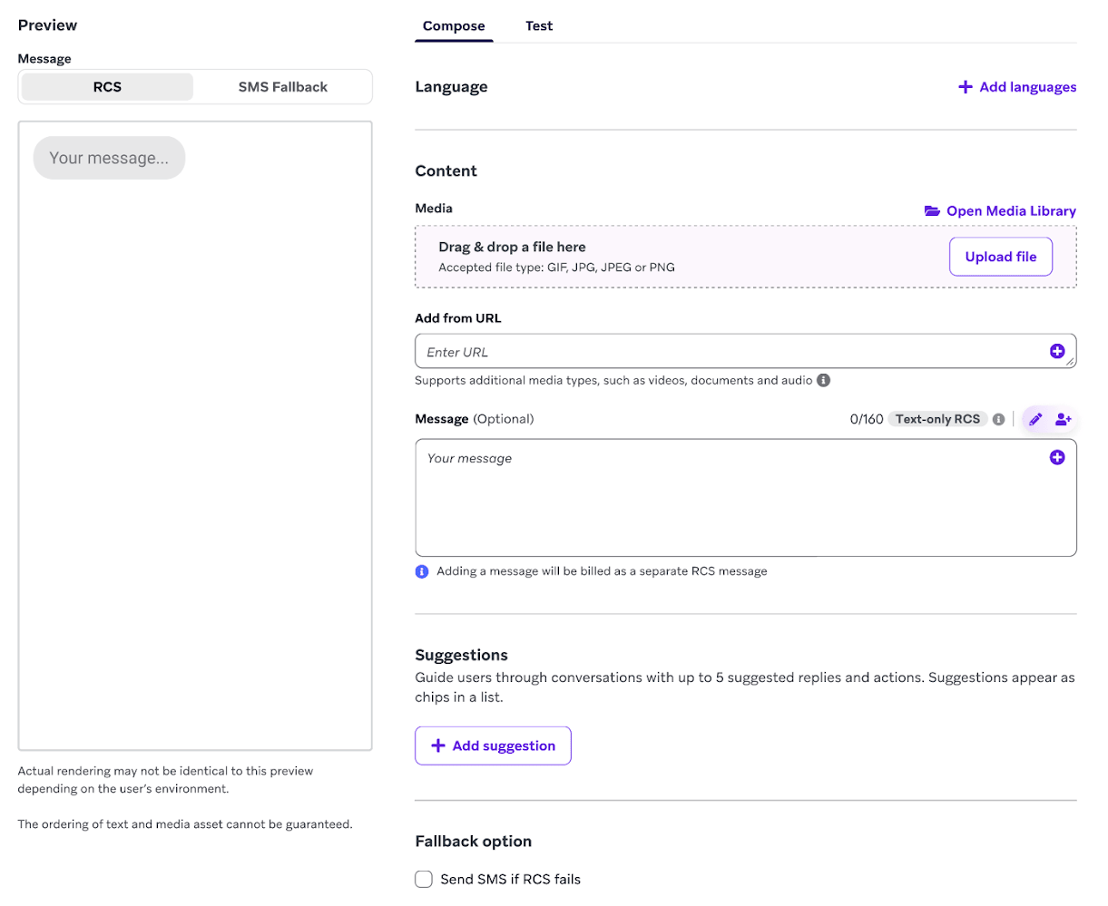 RCS-Composer mit einer Option zum Hochladen einer Mediendatei.