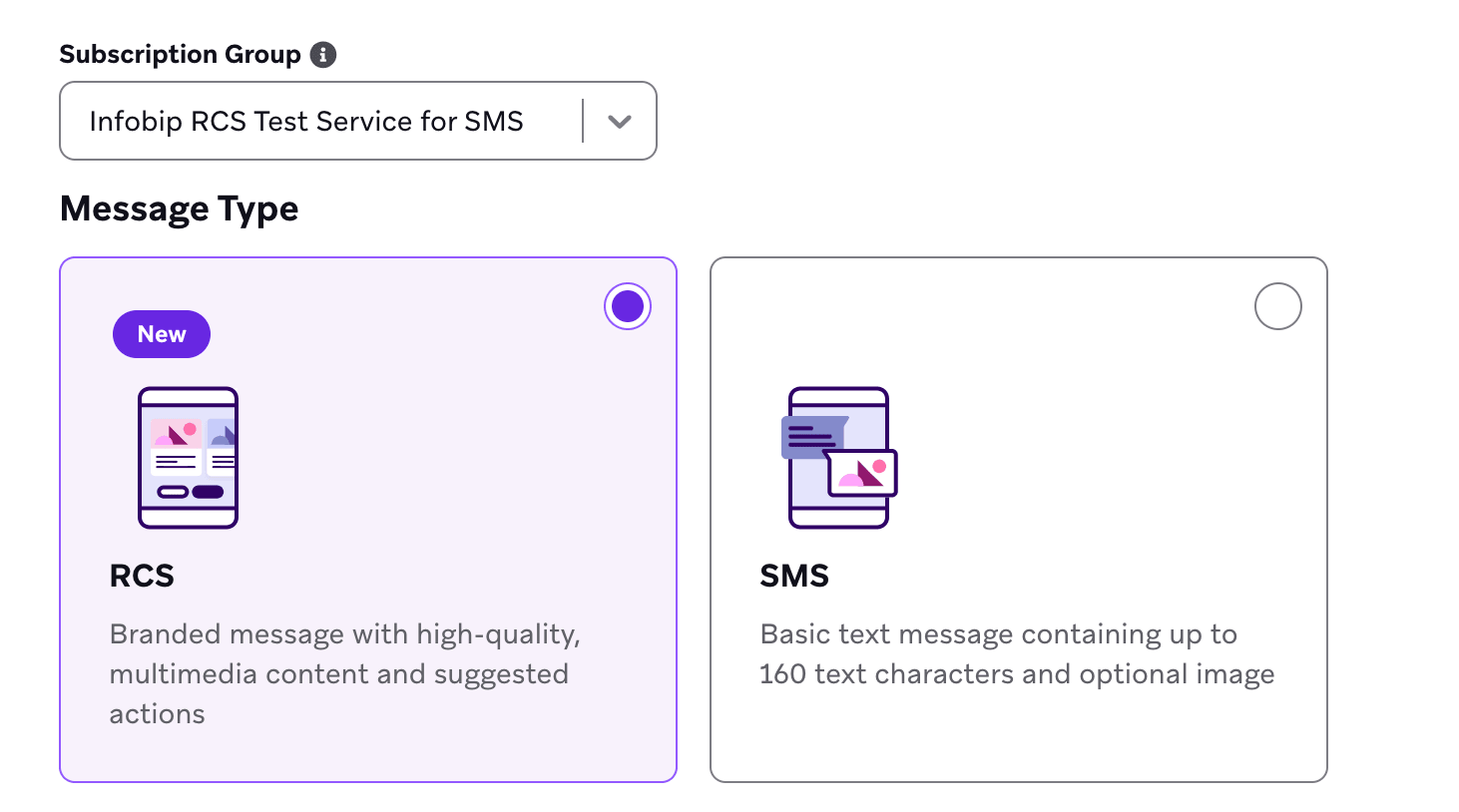 Optionen zur Auswahl zwischen einem RCS- oder SMS/MMS-Nachrichtentyp.