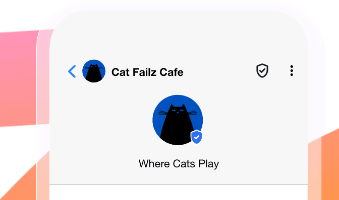 Ein Beispiel für einen RCS-verifizierten Sender in einer RCS-Nachricht namens „Cat Failz Cafe“.