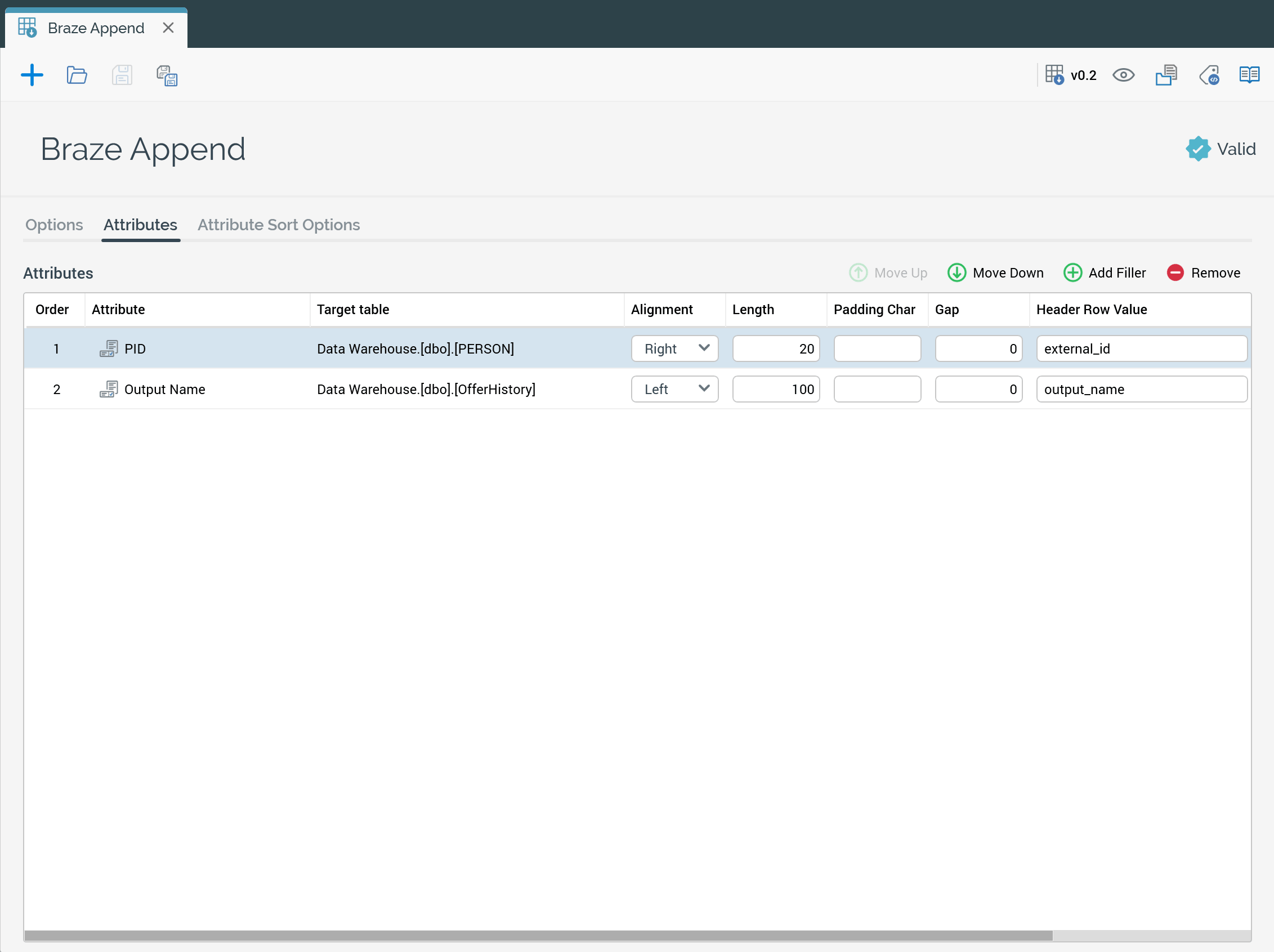 Eine Beispiel-Exportvorlage mit den Attributen „external_id“ und „output name“.