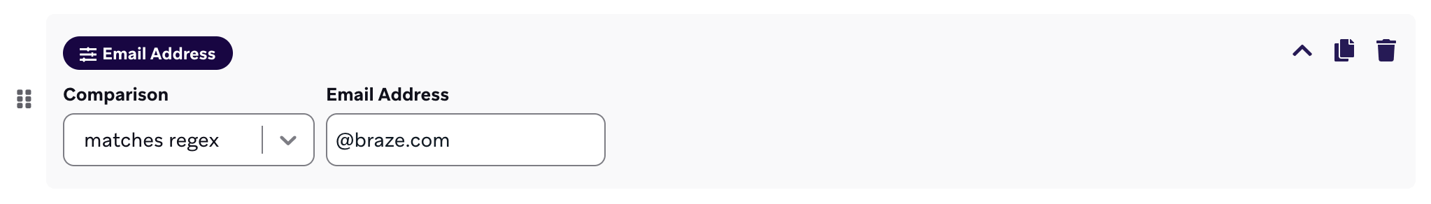 Filter für eine E-Mail-Adresse, die dem Regex „@braze.com“ entspricht.