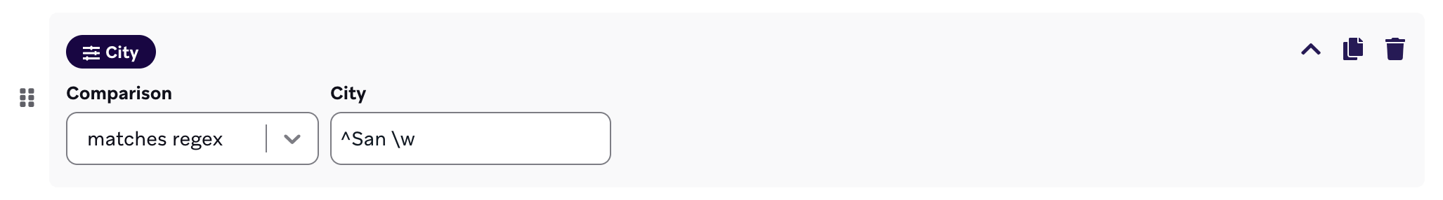 Filter für einen Ort, der dem Regex „^San \w“ entspricht.