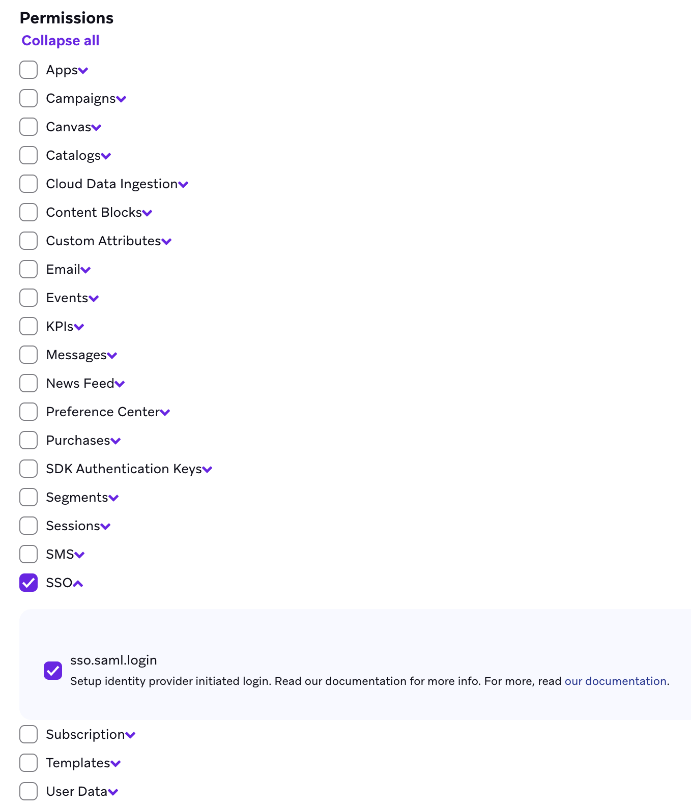 Der Abschnitt „Berechtigungen“ mit aktiviertem sso.saml.login.