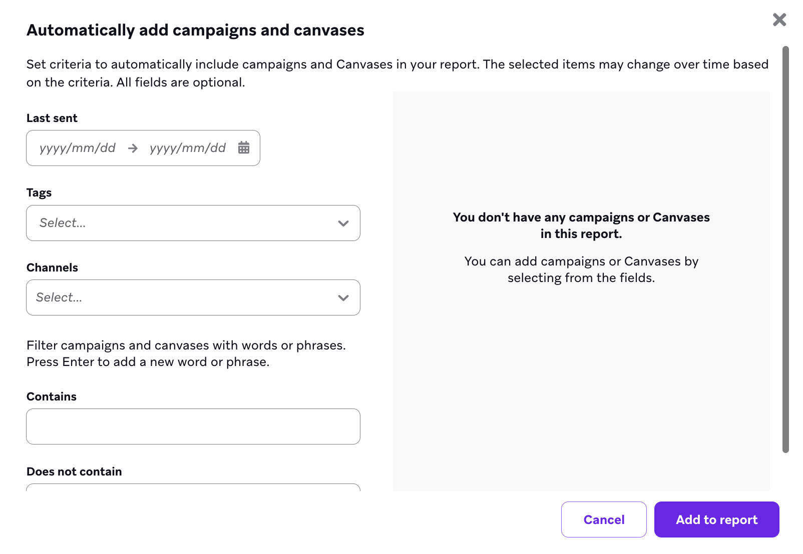 Der Abschnitt „Campaigns und Canvases automatisch hinzufügen“ mit Feldern zum Festlegen von Regeln, welche Campaigns und Canvases zum Bericht hinzugefügt werden sollen.