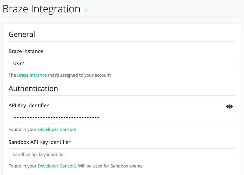 Braze-Einstellungen in RevenueCat mit Feldern für Braze-Instanz, API-Schlüssel-Bezeichner und Sandbox-Bezeichner.