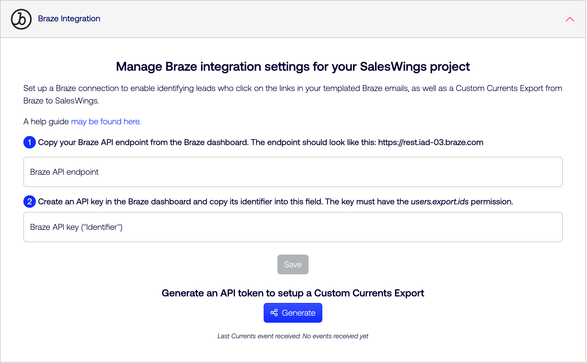Der Abschnitt „Braze Integration“ auf der Seite „SalesWings Settings“.