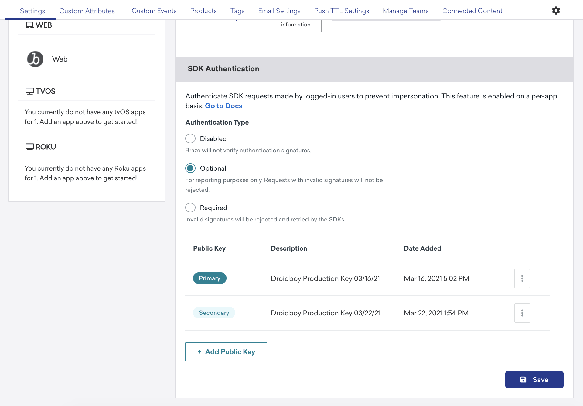 SDK-Authentifizierungseinstellungen im Braze-Dashboard