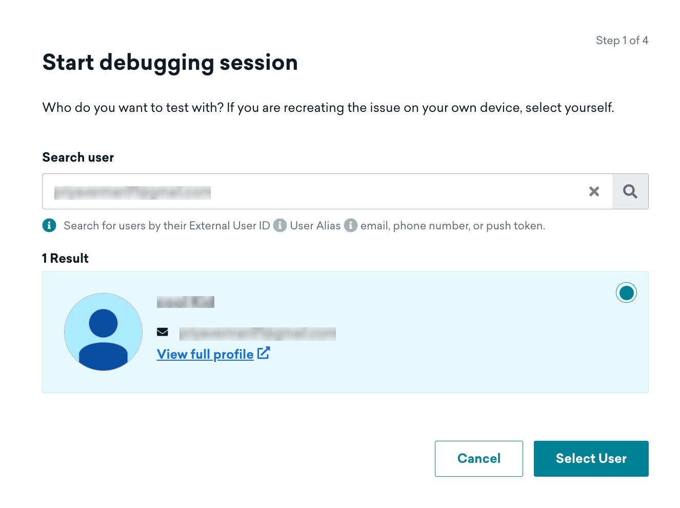 Die Debugging-Seite für die ausgewählte Nutzer:in.