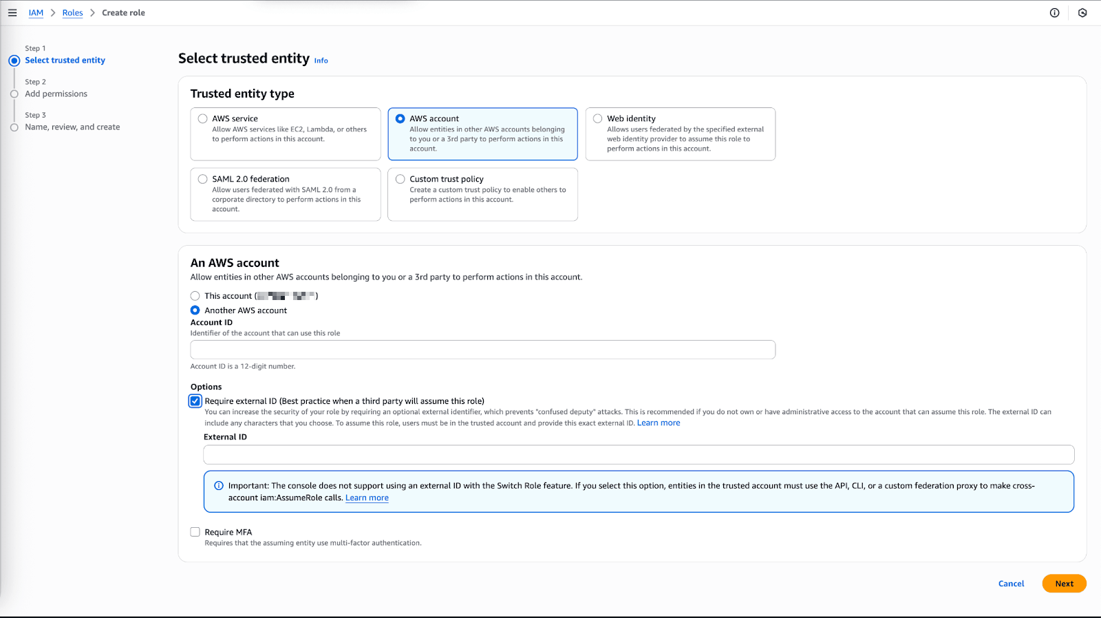 Eine Seite mit Optionen zur Auswahl eines vertrauenswürdigen Entitätstyps und zur Eingabe von Informationen zu Ihrem AWS-Konto.