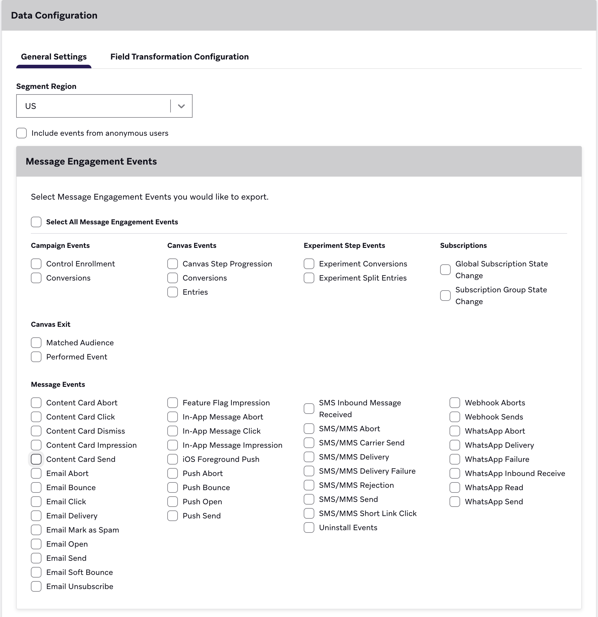 Liste aller verfügbaren Nachrichten-Engagement-Events auf der Segment-Currents-Seite in Braze.