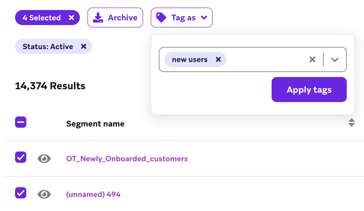 Mehrere ausgewählte Segments mit „CRM“ als ausgewähltem Wert im Dropdown-Feld „Tag As“.