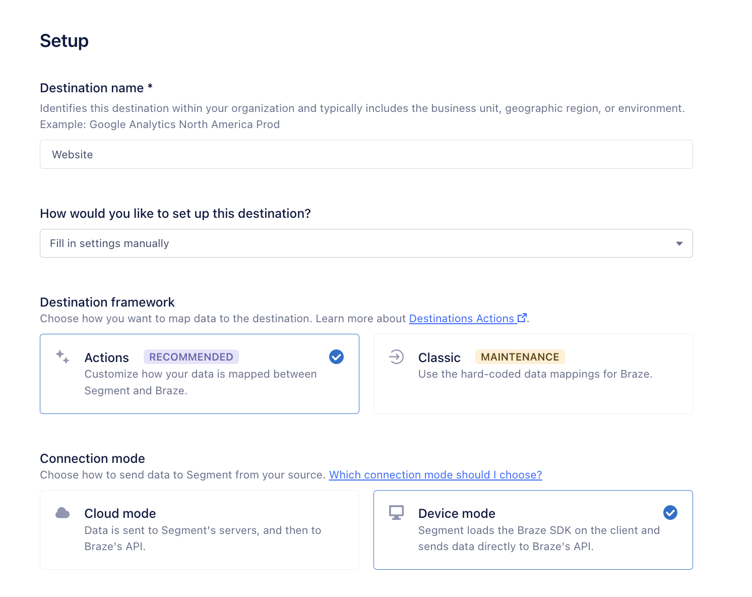 Segment-Zieleinrichtung mit ausgewähltem Actions-Framework und Device Mode.