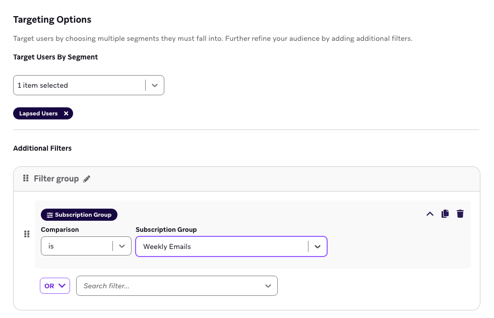 Beispiel für das Targeting von Nutzer:innen im Segment „Inaktive Nutzer:innen“ mit dem Filter für Nutzer:innen in der Abo-Gruppe „Wöchentliche E-Mails“.