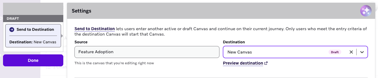 Ein Canvas-Schritt „An Ziel senden“, der so eingerichtet ist, dass Nutzer:innen von einem Canvas namens „Feature Adoption“ an „New Canvas“ gesendet werden.