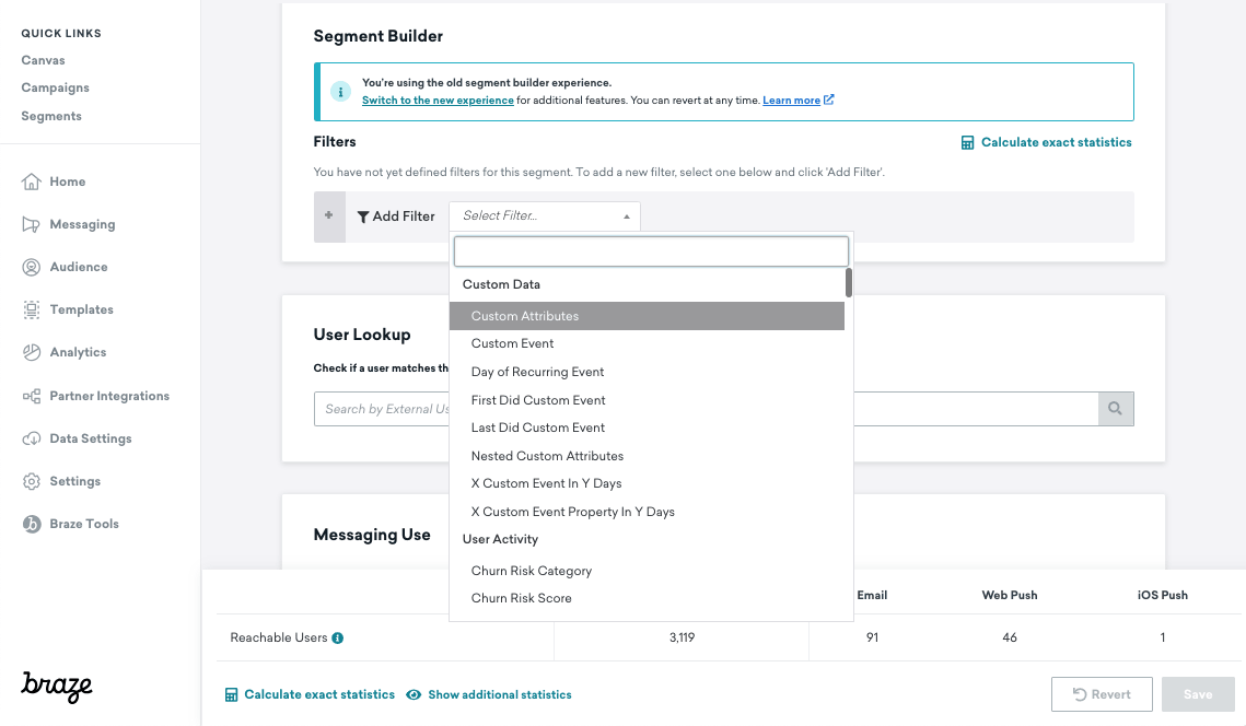 Segment Builder mit dem ausgewählten Filter „Angepasste Attribute“.