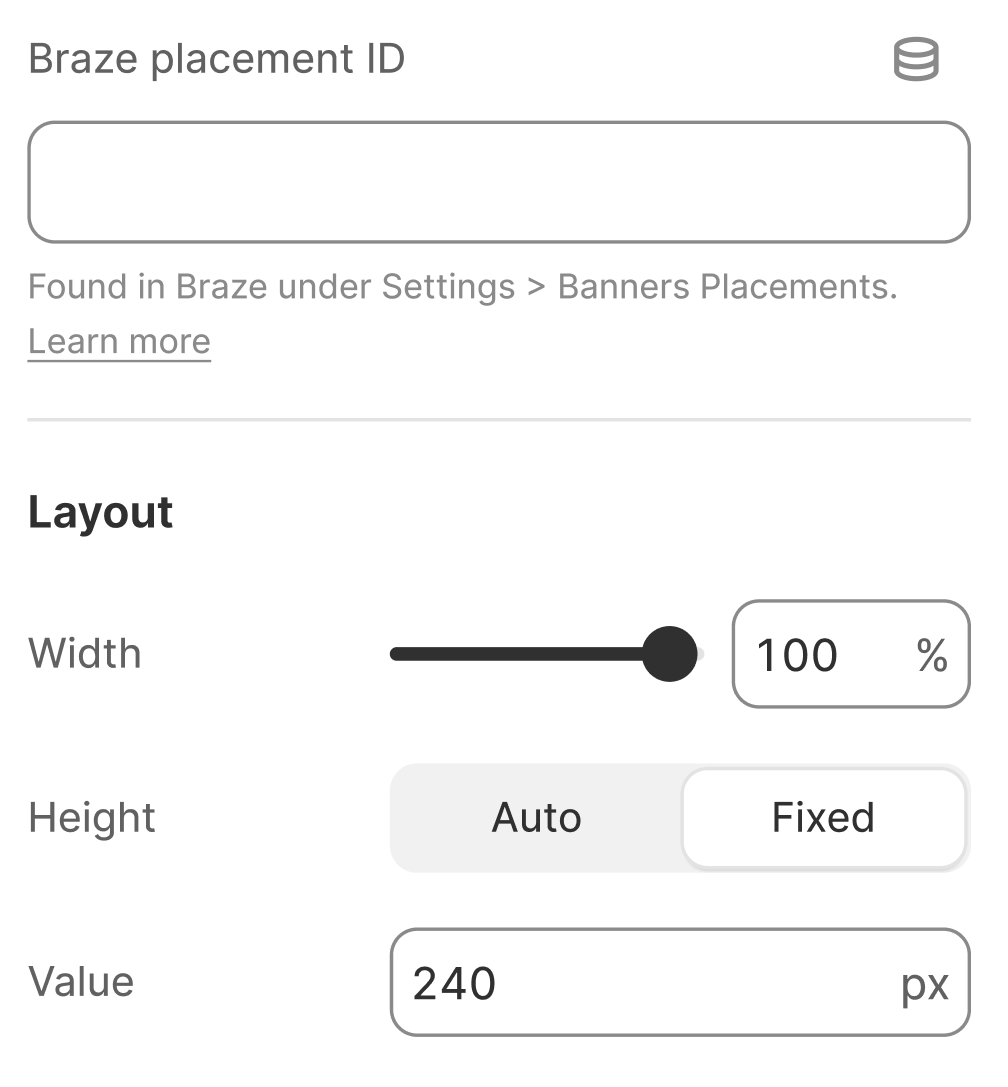 Braze-Banner-App-Block-Einstellungen im Shopify-Theme-Editor mit dem Feld „placement_id“.