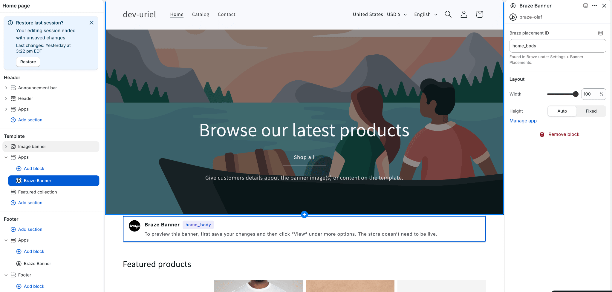Shopify-Theme-Editor mit geöffnetem Apps-Menü und ausgewähltem Braze-App-Block zum Hinzufügen eines Banners.