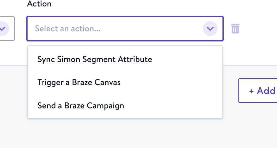 Dropdown mit einer Liste der verfügbaren Braze-Aktionen in Simon AI.