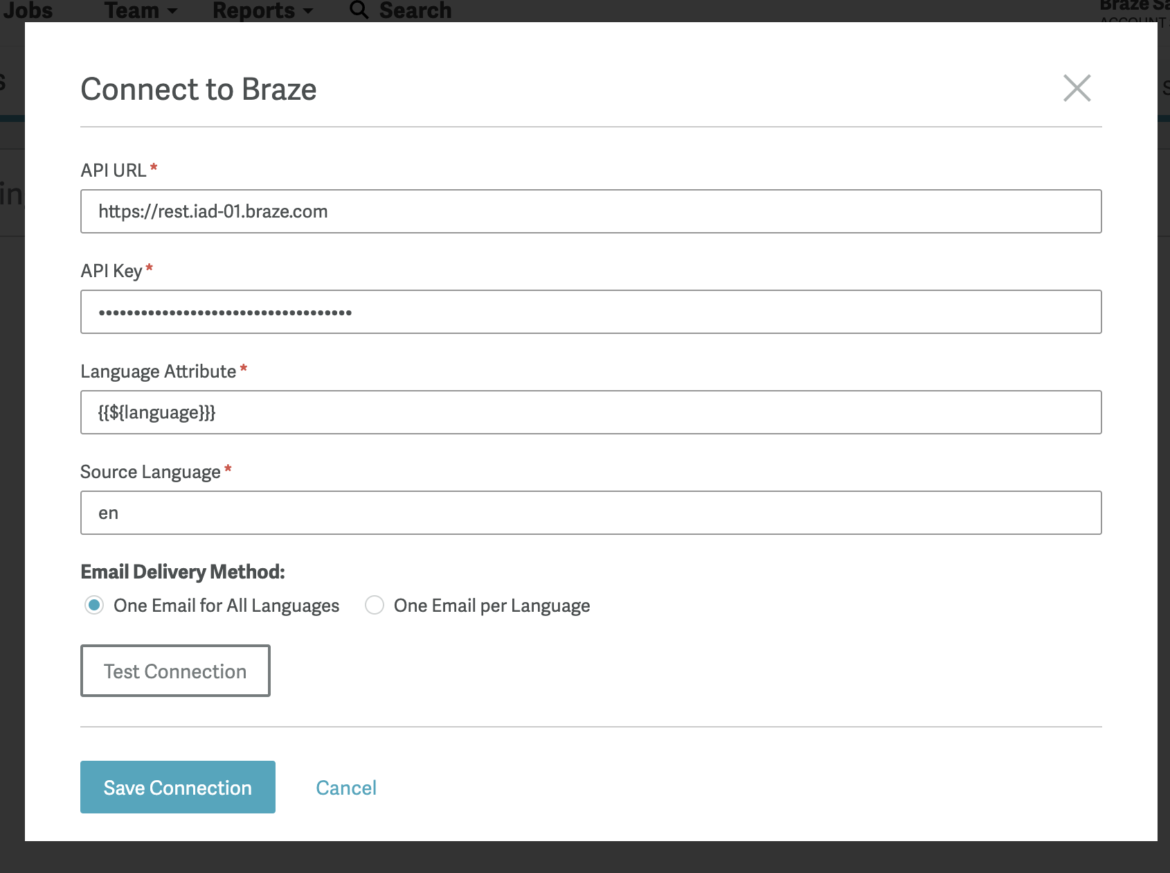 Braze-Verbindung in den Smartling-API-Einstellungen.