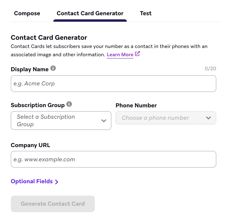 Der Tab „Contact Card Generator“.