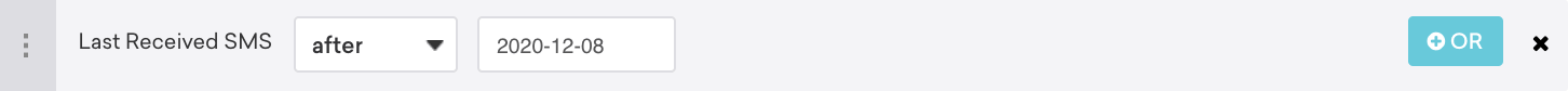 Segmentierungsfilter „Letzte erhaltene SMS nach dem 8. Dezember 2020“.