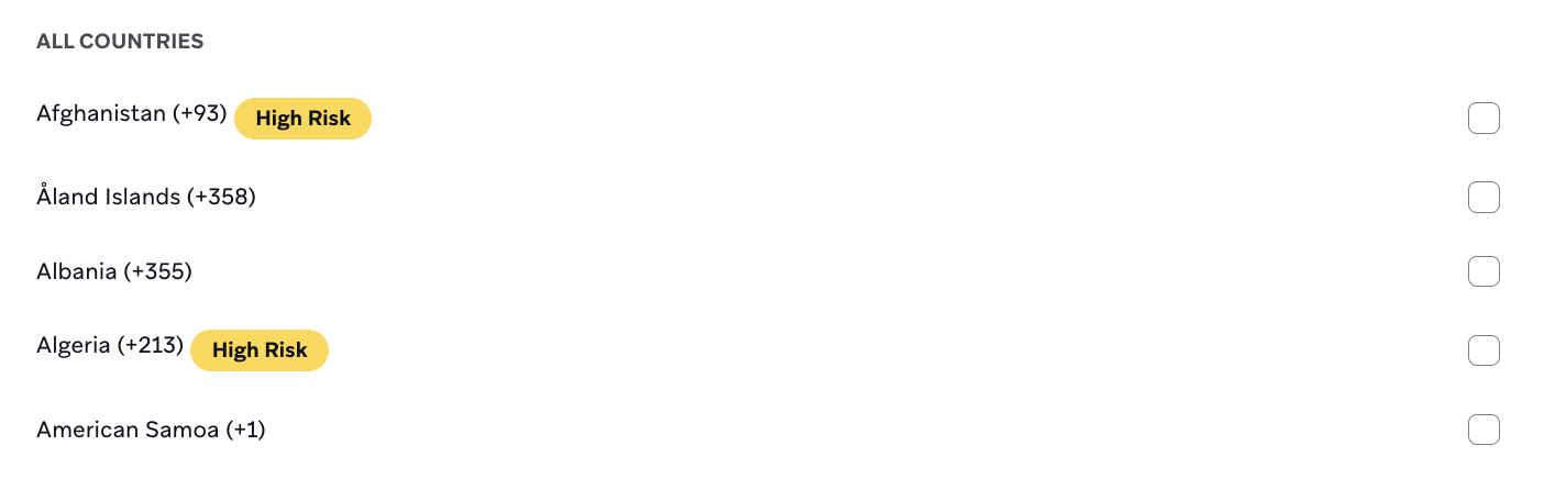 Das Länder-Dropdown, in dem Aserbaidschan ein „High Fraud Risk“-Tag aufweist.
