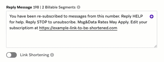 Ein GIF, das zeigt, wie der Zeichenzähler aktualisiert wird, wenn der „Link Shortening“-Toggle aktiviert ist.
