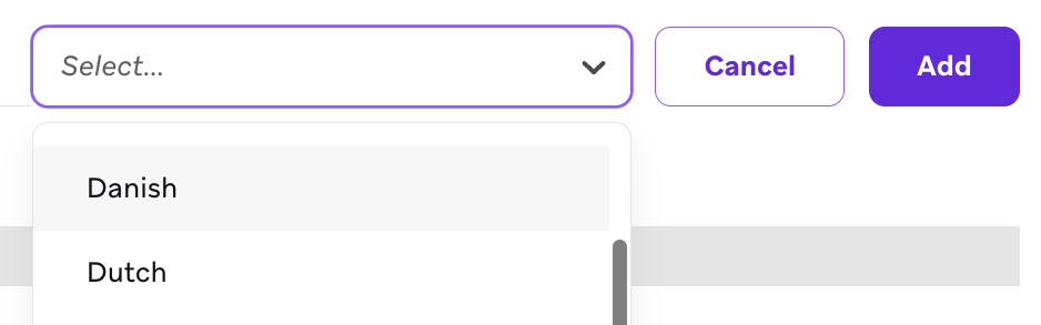 Dropdown mit Sprachen, die als Keyword-Einstellung hinzugefügt werden können.