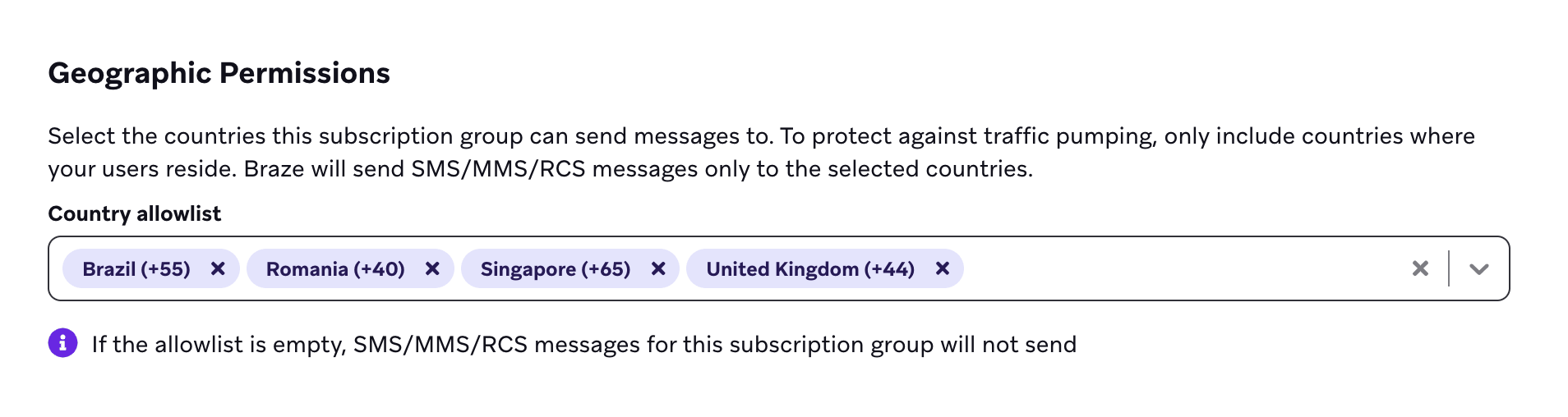 Der bearbeitbare Abschnitt „Geographic Permissions“ für Admins mit mehreren ausgewählten Ländern in der „Country allowlist“.