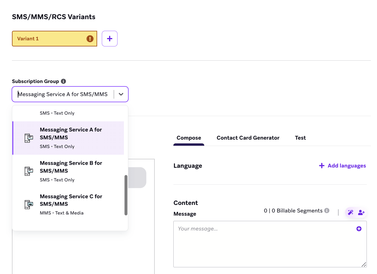 SMS-Composer mit geöffnetem Abo-Gruppen-Dropdown und „Messaging Service A for SMS“ von der Nutzer:in hervorgehoben.