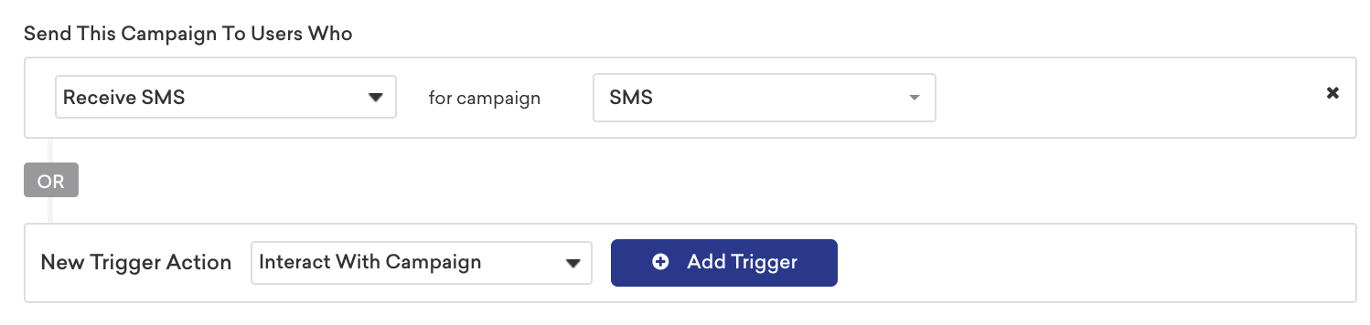 Um Nachrichten zu triggern, wenn Nutzer:innen SMS-, MMS- oder RCS-Nachrichten aus einer bestimmten Campaign erhalten, wählen Sie „Interact with Campaign“ als Aktion triggern für eine aktionsbasierte Campaign. Wählen Sie dann „Receive SMS“ und die gewünschte SMS-, MMS- oder RCS-Campaign aus.