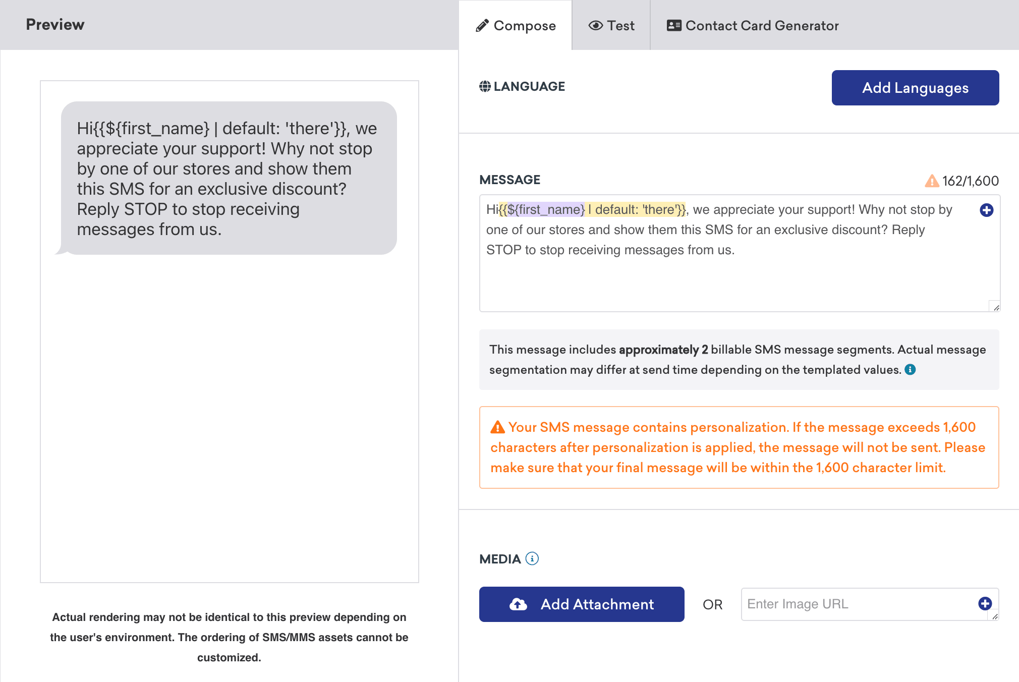 SMS-Composer in Braze mit der Nachricht „Hi first_name, wir schätzen Ihre Unterstützung! Warum besuchen Sie nicht einen unserer Shops und zeigen diese SMS für einen exklusiven Rabatt? Antworten Sie STOP, um keine Nachrichten mehr von uns zu erhalten.“