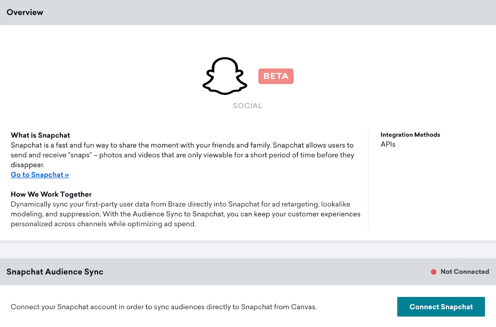 Snapchat-Technologieseite in Braze mit einem Übersichtsabschnitt und einem Snapchat Audience Sync-Abschnitt mit dem Button „Connect Snapchat“.