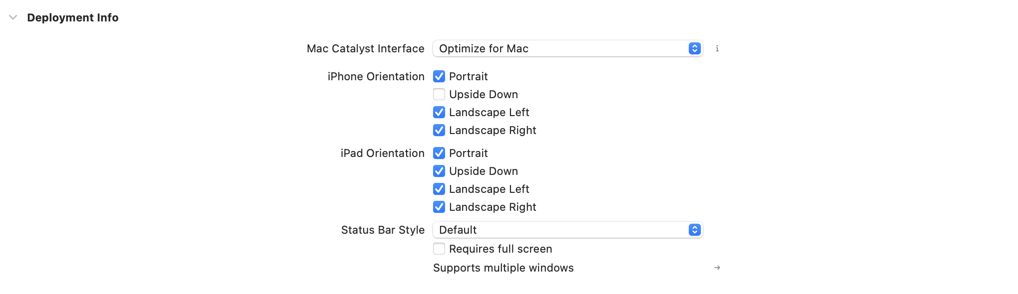 Unterstützte Ausrichtungen in Xcode.