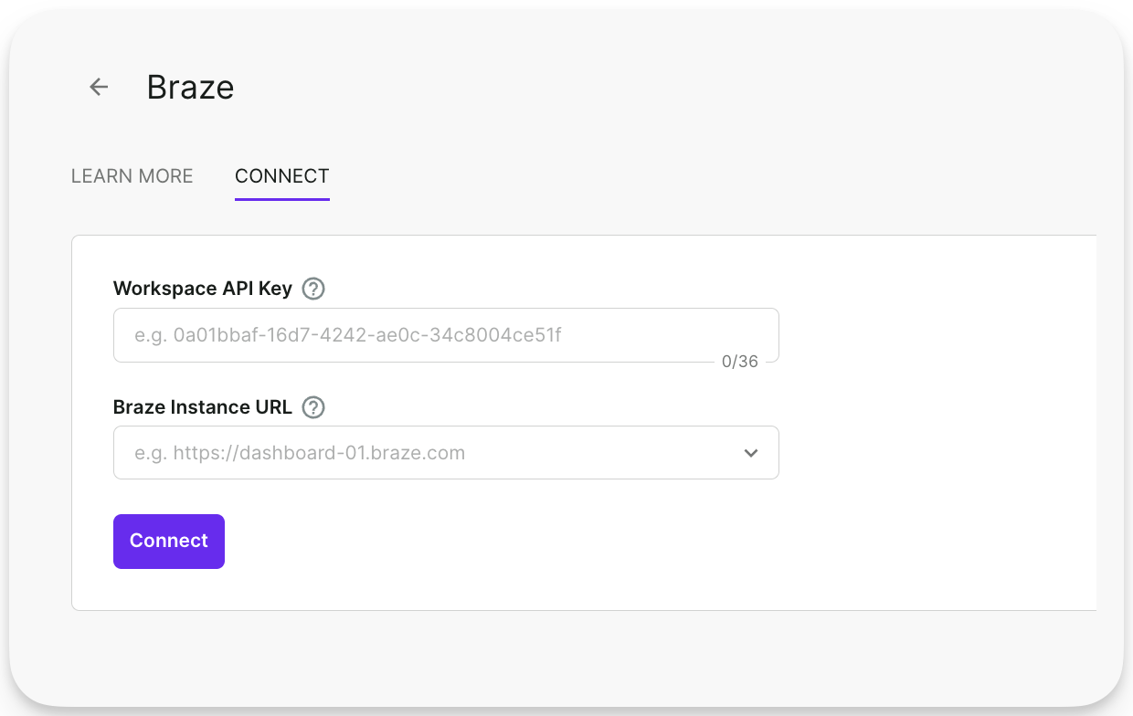 Geben Sie den Workspace-API-Schlüssel Ihres Braze-Kontos und die URL der Braze-Instanz ein
