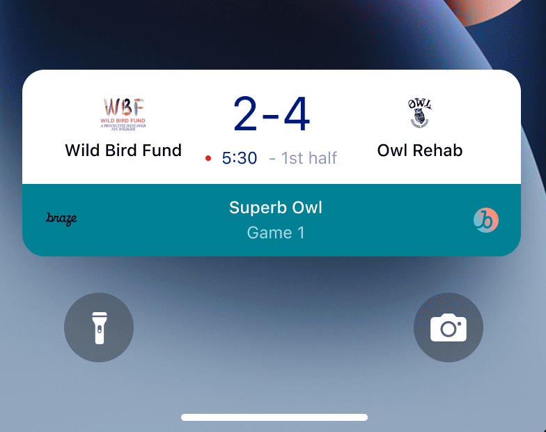 Eine Live-Aktivität auf dem Sperrbildschirm eines iPhones mit den Spielständen zweier Mannschaften. Der Wild Bird Fund hat 2 Punkte und Owl Rehab hat 4 Punkte.