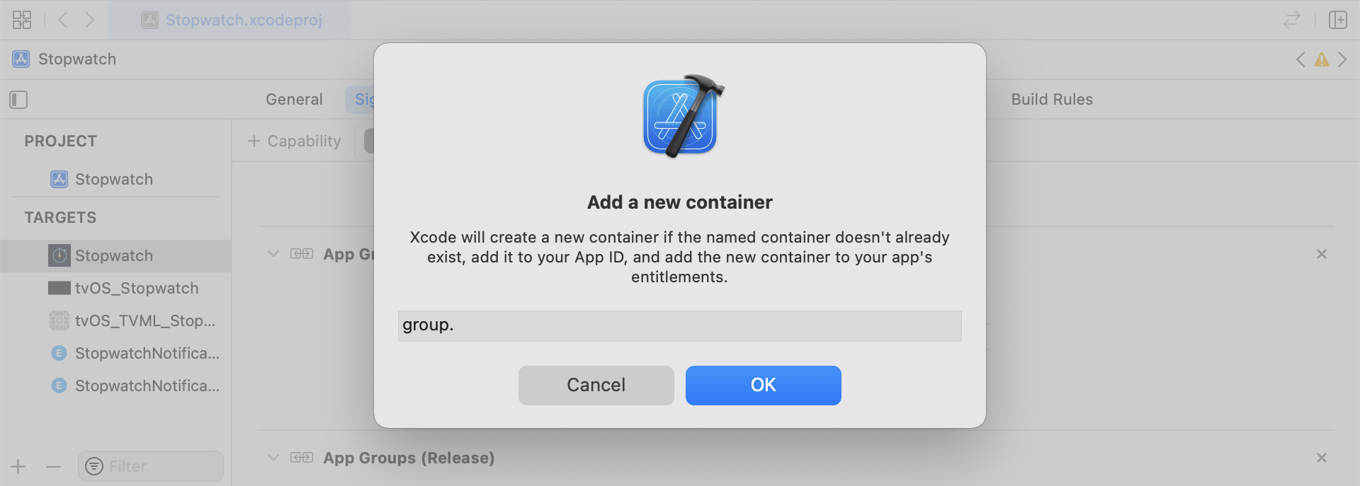 Xcode zeigt die aktivierte App Groups-Fähigkeit für die Haupt-App und die Notification Extension