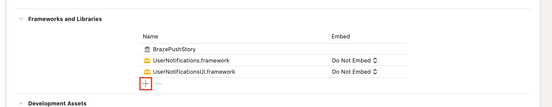 Wählen Sie in Xcode unter „Frameworks und Bibliotheken“ das Symbol „+“, um ein Framework hinzuzufügen.