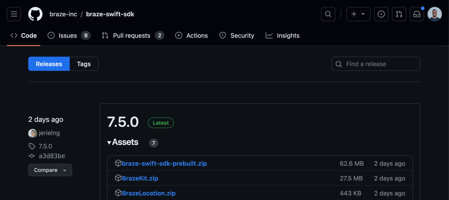 „Die Braze SDK-Release-Seite auf GitHub.“
