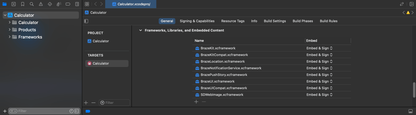 „Ein Beispiel-Xcode-Projekt, bei dem jede Braze-Bibliothek auf „Embed & Sign“ eingestellt ist."