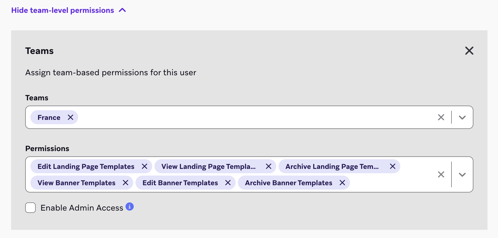Berechtigungen für Landing-Page-Templates auf Team-Ebene.