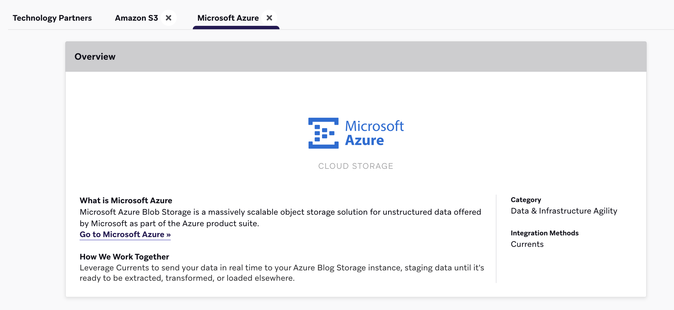 Die Technologie-Partnerseite für Azure mit einem Tab für Amazon S3.