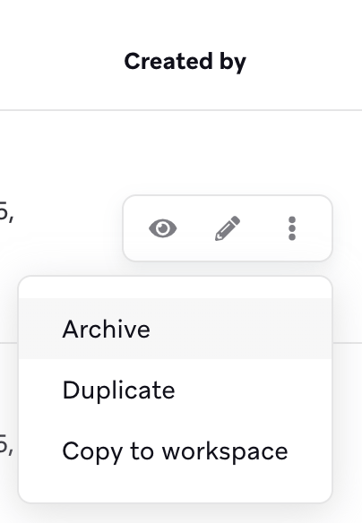Aufgeklapptes Einstellungs-Dropdown-Menü mit drei Optionen: Archivieren, Duplizieren und In Workspace kopieren.