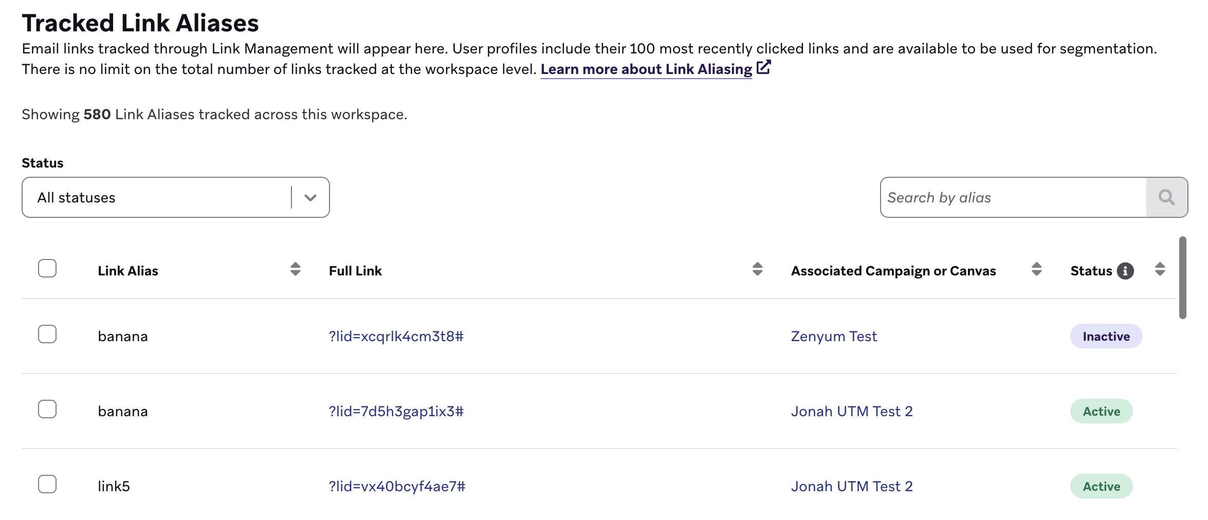 Seite „Tracked Link Aliases“ mit aktiven und inaktiven Link-Aliasen, die verschiedenen Campaigns zugeordnet sind.